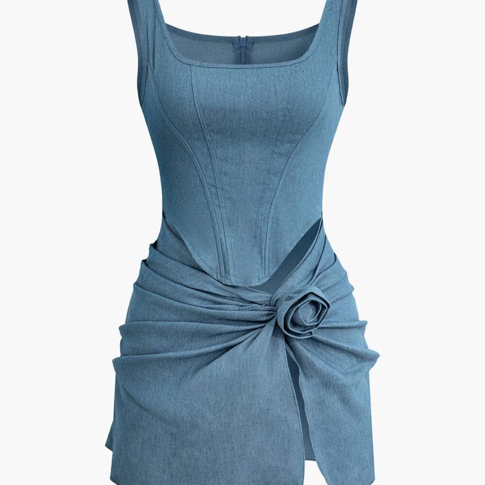 3D Flower Ruched Tank Denim Dress